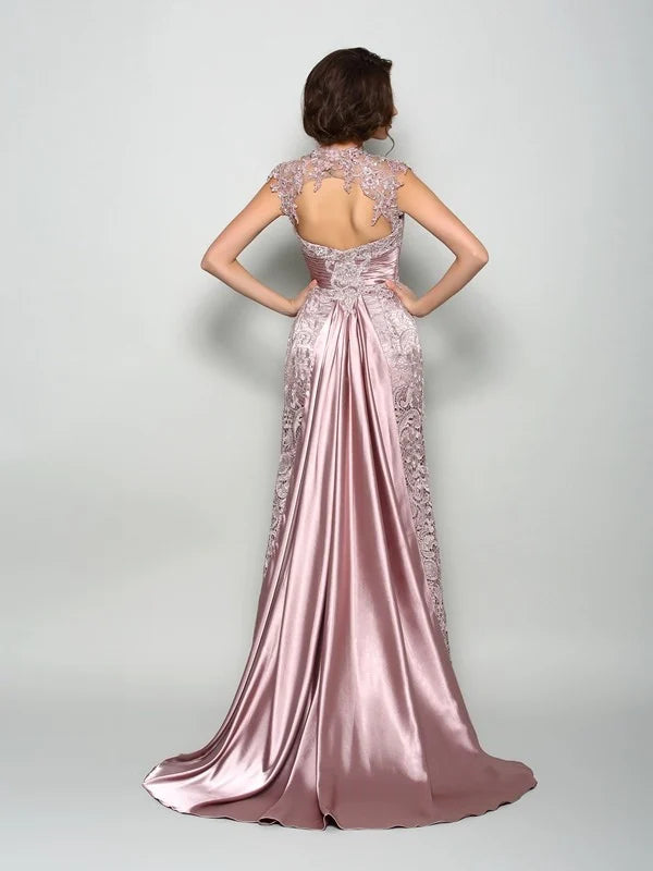 Wholesale A-Line Princess High Neck Sleeveless Long Elastic Woven Satin Mother of the Bride Dresses